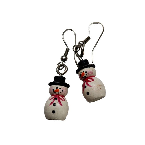 Vintage Wood Snowman Hoop Earrings Christmas Holiday - Picture 1 of 5